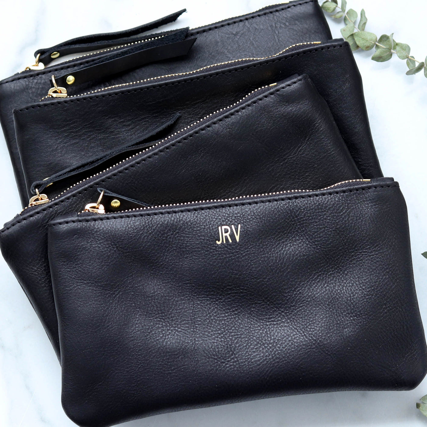 Monogrammed Black Leather Clutch With Detachable Fabric and 