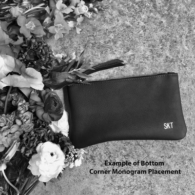 Example of monogram placement on a small handmade leather clutch with top zipper. Personalized leather clutch handmade with vegetable tanned leather by Juliette Rose Designs