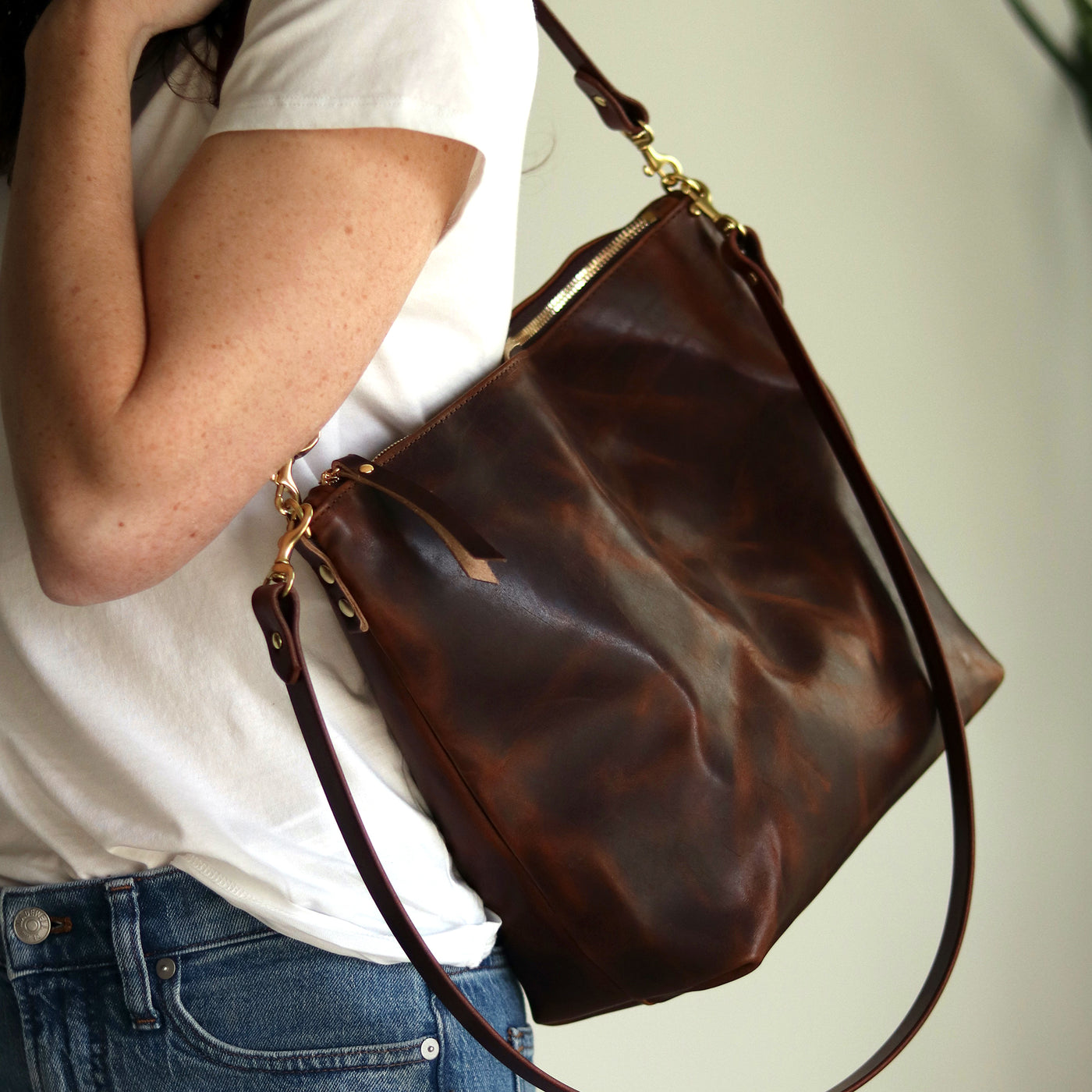 Large Slouchy Hobo Crossbody - Dark Brown Pull-up