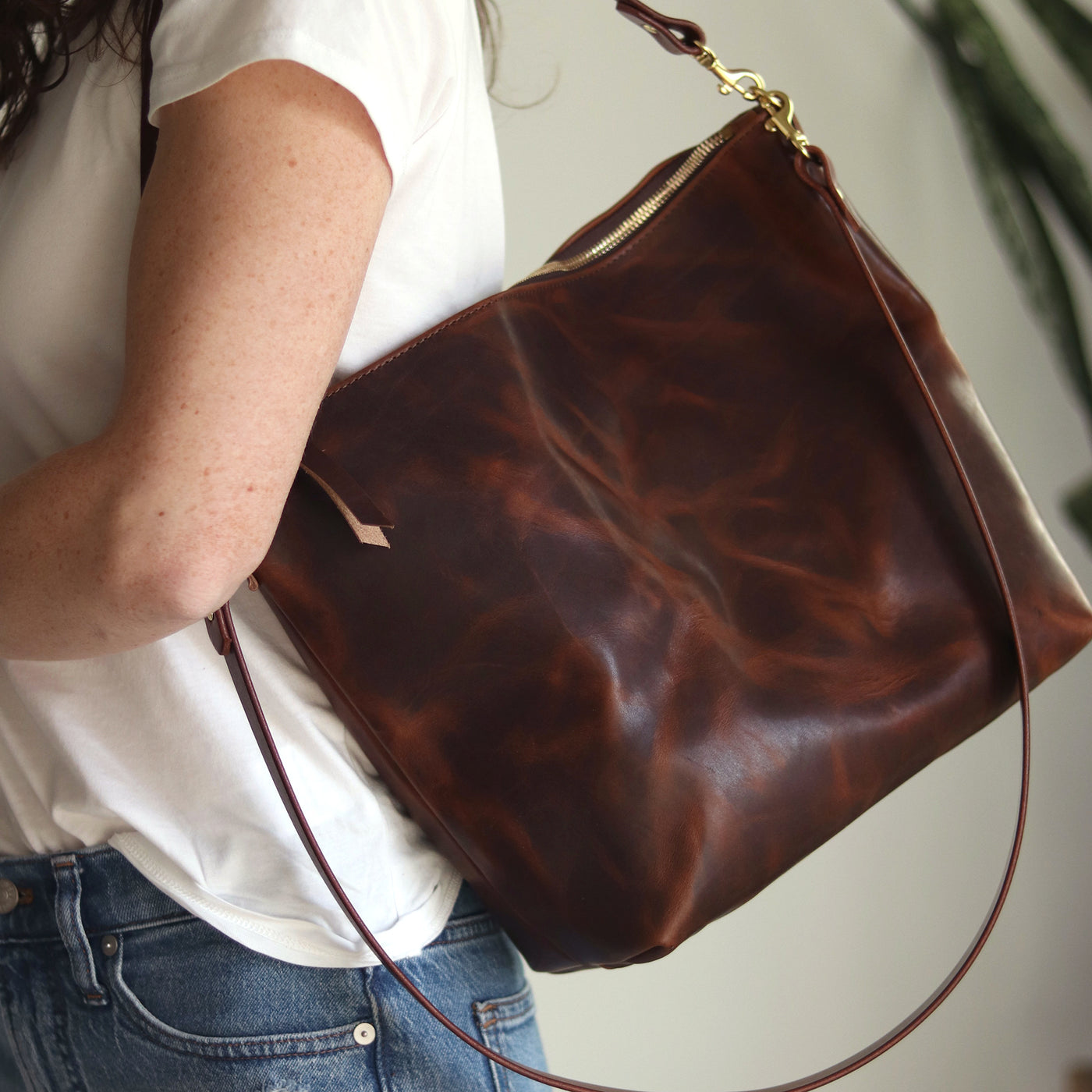 Large Slouchy Hobo Crossbody - Dark Brown Pull-up