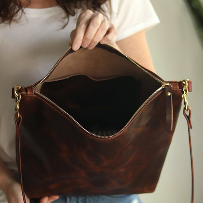 Large Slouchy Hobo Crossbody - Dark Brown Pull-up