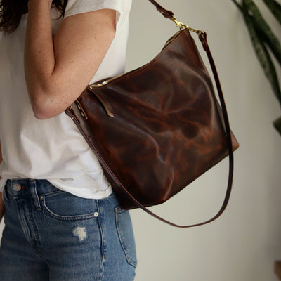 Large Slouchy Hobo Crossbody - Dark Brown Pull-up