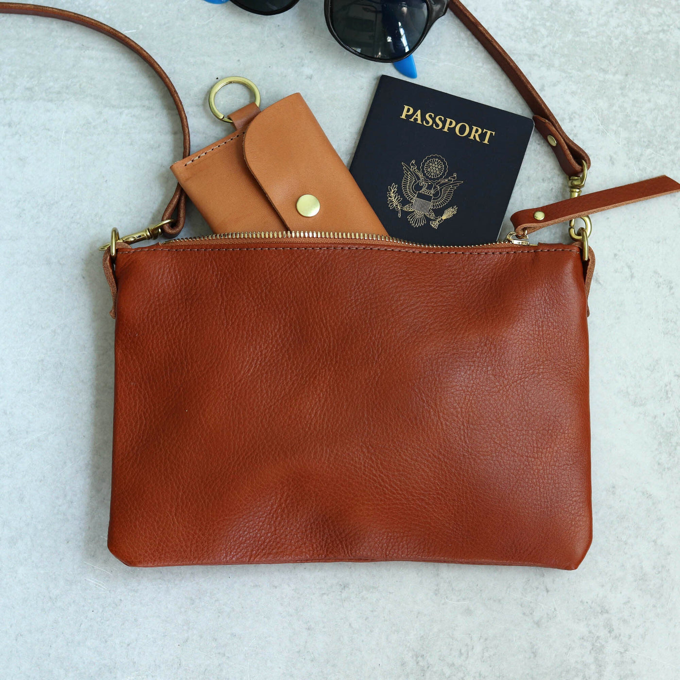 Small Leather Crossbody Clutch Bag - Honey Brown Pull-Up