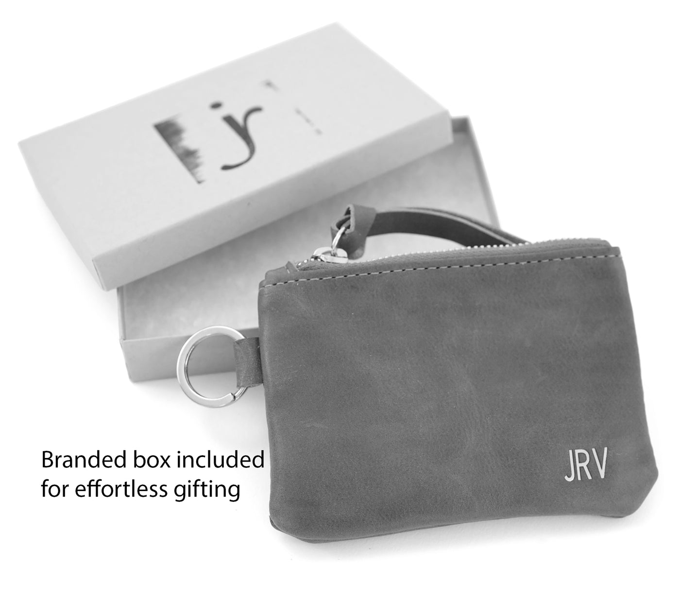 Leather Keyring Coin Purse with Monogram - Beige Pebble