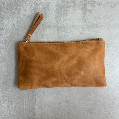 Summer Seconds Sale - Personalized Leather Zip Clutch - Honey Brown Pull Up