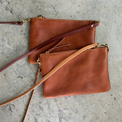 Small Leather Crossbody Clutch Bag - Cognac Pebble