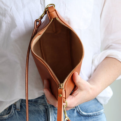 SALE Small Leather Convertible Crossbody Clutch Bag - Saddle Brown