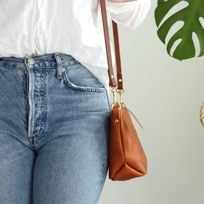 SALE Small Leather Convertible Crossbody Clutch Bag - Saddle Brown