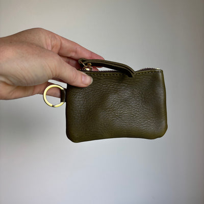 Leather Keyring Coin Purse with Monogram - Olive Green Pebble