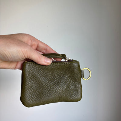 Leather Keyring Coin Purse with Monogram - Olive Green Pebble