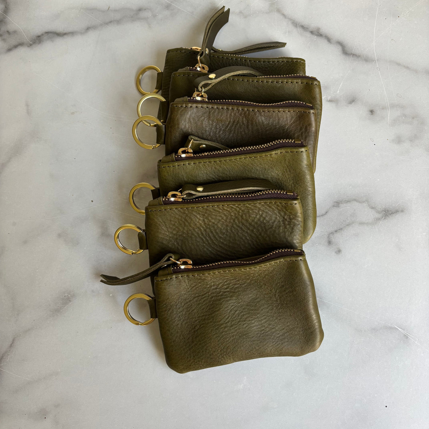 Leather Keyring Coin Purse with Monogram - Olive Green Pebble