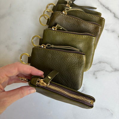 Leather Keyring Coin Purse with Monogram - Olive Green Pebble