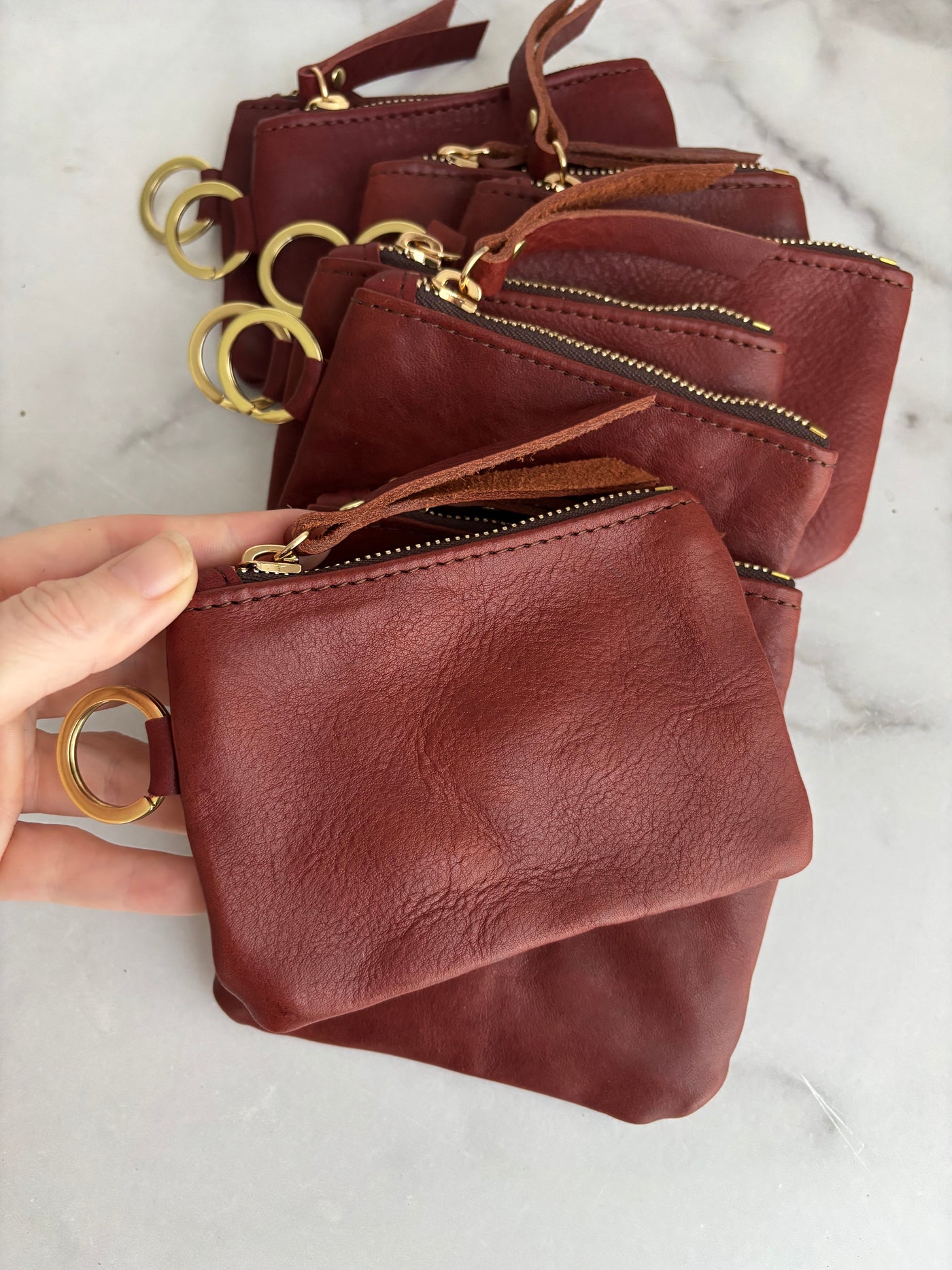 Leather Keyring Coin Purse with Monogram - Red Pebble