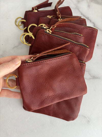 Leather Keyring Coin Purse with Monogram - Red Pebble