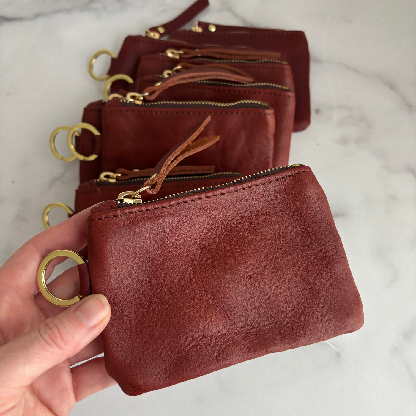 Leather Keyring Coin Purse with Monogram - Red Pebble