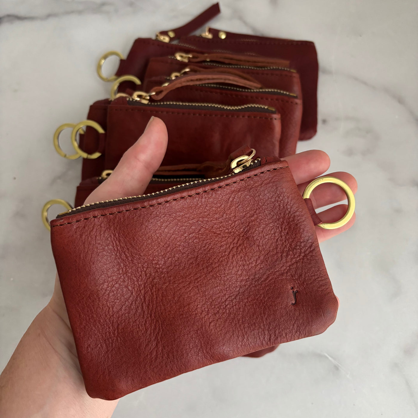 Leather Keyring Coin Purse with Monogram - Red Pebble