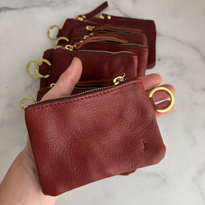 Leather Keyring Coin Purse with Monogram - Red Pebble