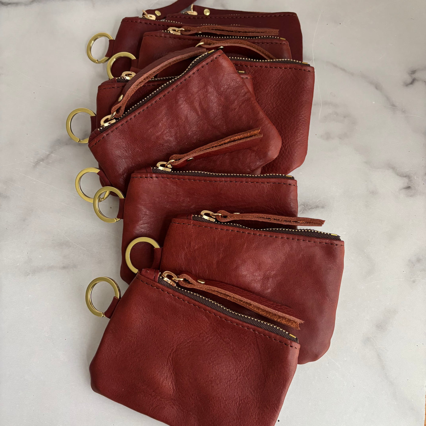Leather Keyring Coin Purse with Monogram - Red Pebble