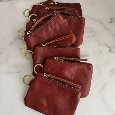Leather Keyring Coin Purse with Monogram - Red Pebble