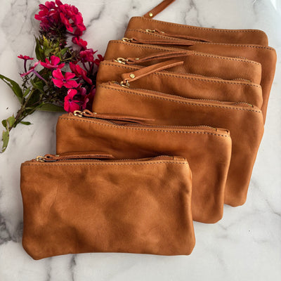 Personalized Leather Zip Clutch - Camel Brown