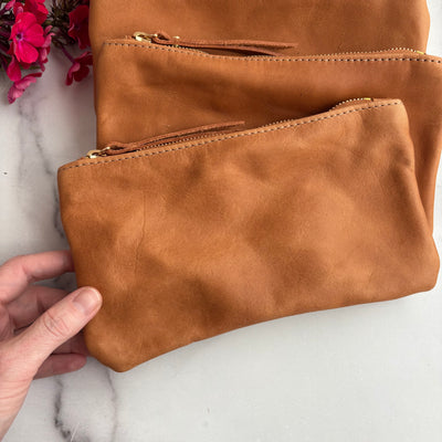 Personalized Leather Zip Clutch - Camel Brown