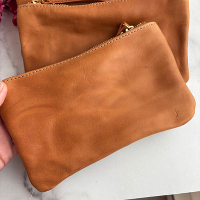 Personalized Leather Zip Clutch - Camel Brown