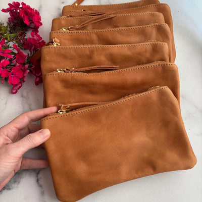 Personalized Leather Zip Clutch - Camel Brown