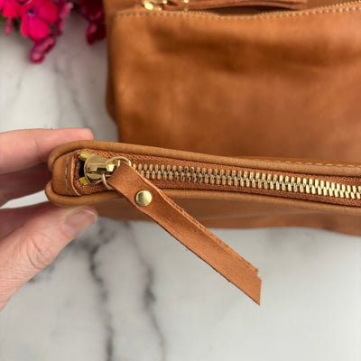 Personalized Leather Zip Clutch - Camel Brown