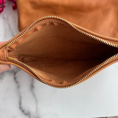 Personalized Leather Zip Clutch - Camel Brown