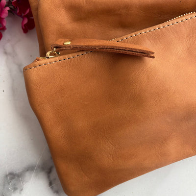 Personalized Leather Zip Clutch - Camel Brown