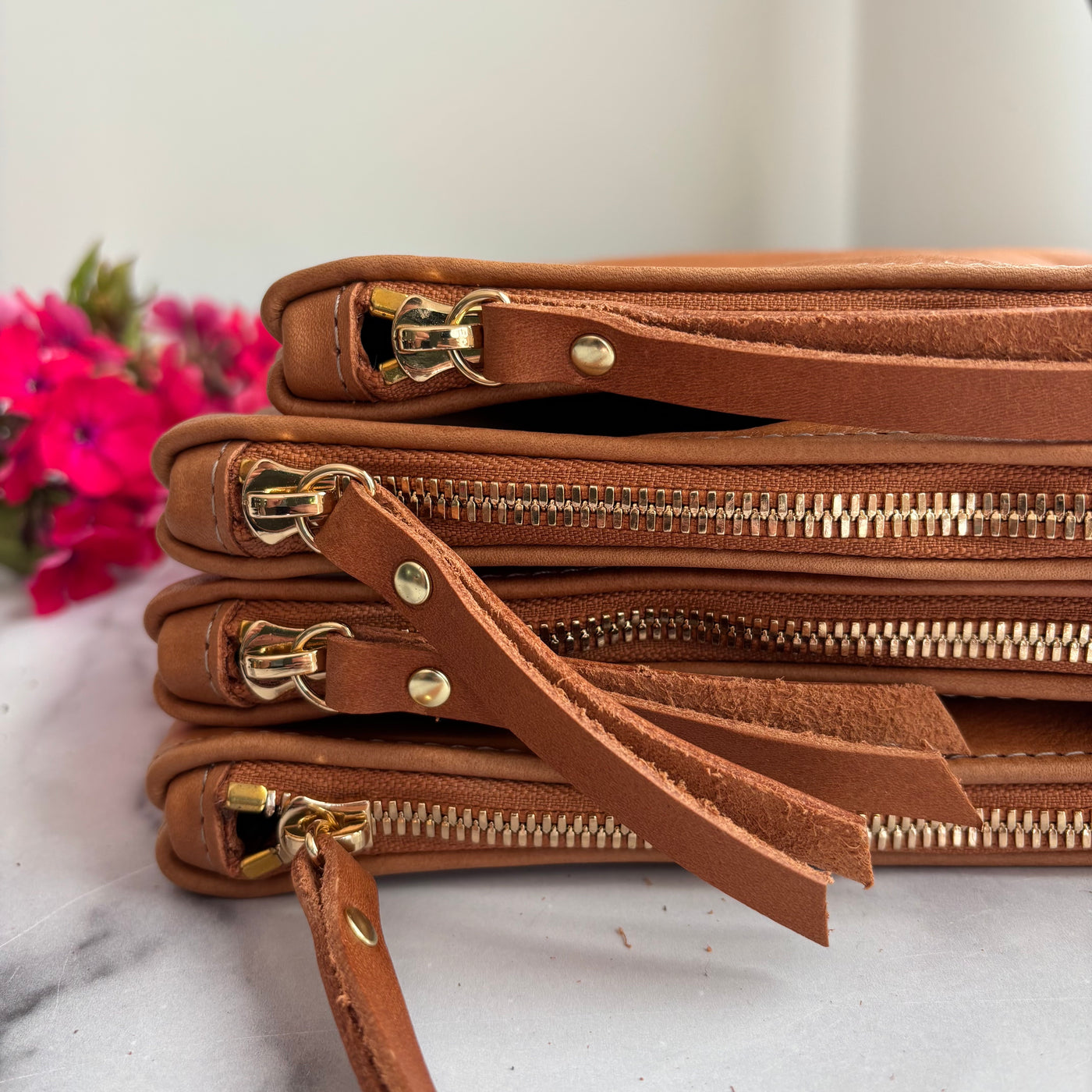 Personalized Leather Zip Clutch - Camel Brown