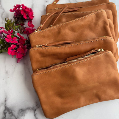 Personalized Leather Zip Clutch - Camel Brown