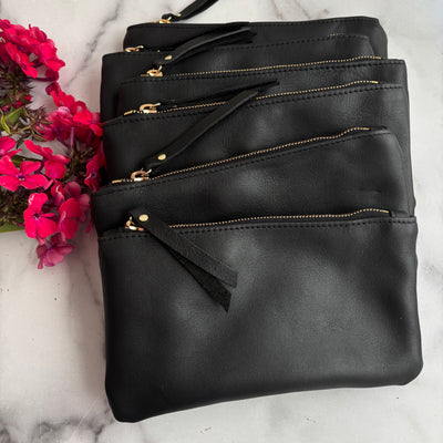 Personalized Leather Zip Clutch - Black Smooth