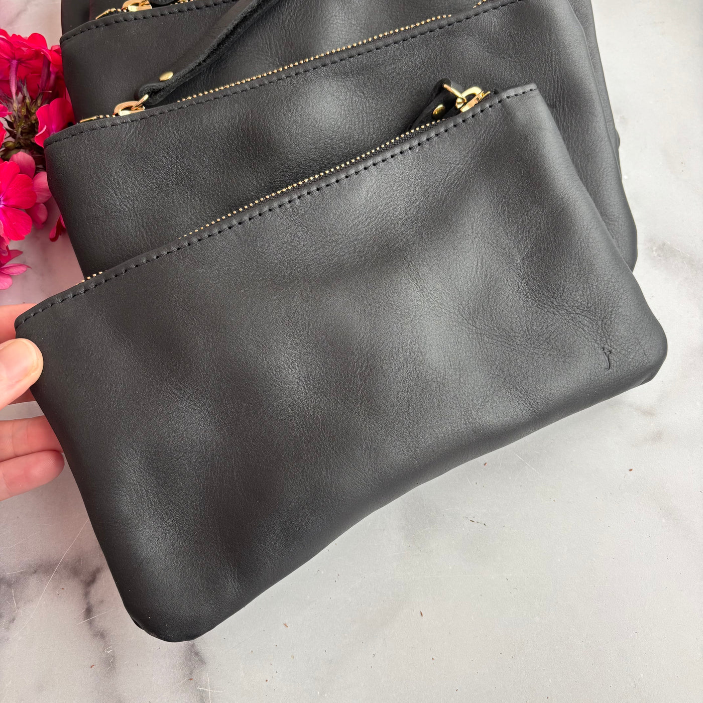 Personalized Leather Zip Clutch - Black Smooth