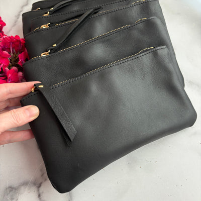 Personalized Leather Zip Clutch - Black Smooth