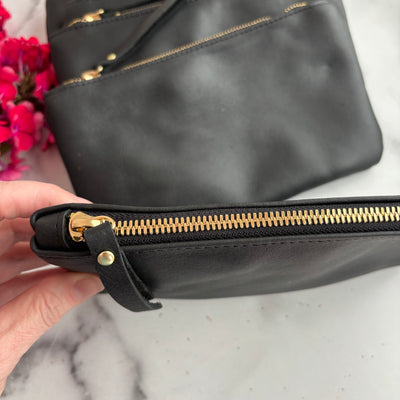 Personalized Leather Zip Clutch - Black Smooth