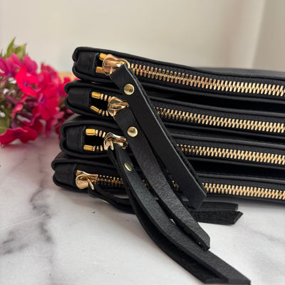Personalized Leather Zip Clutch - Black Smooth
