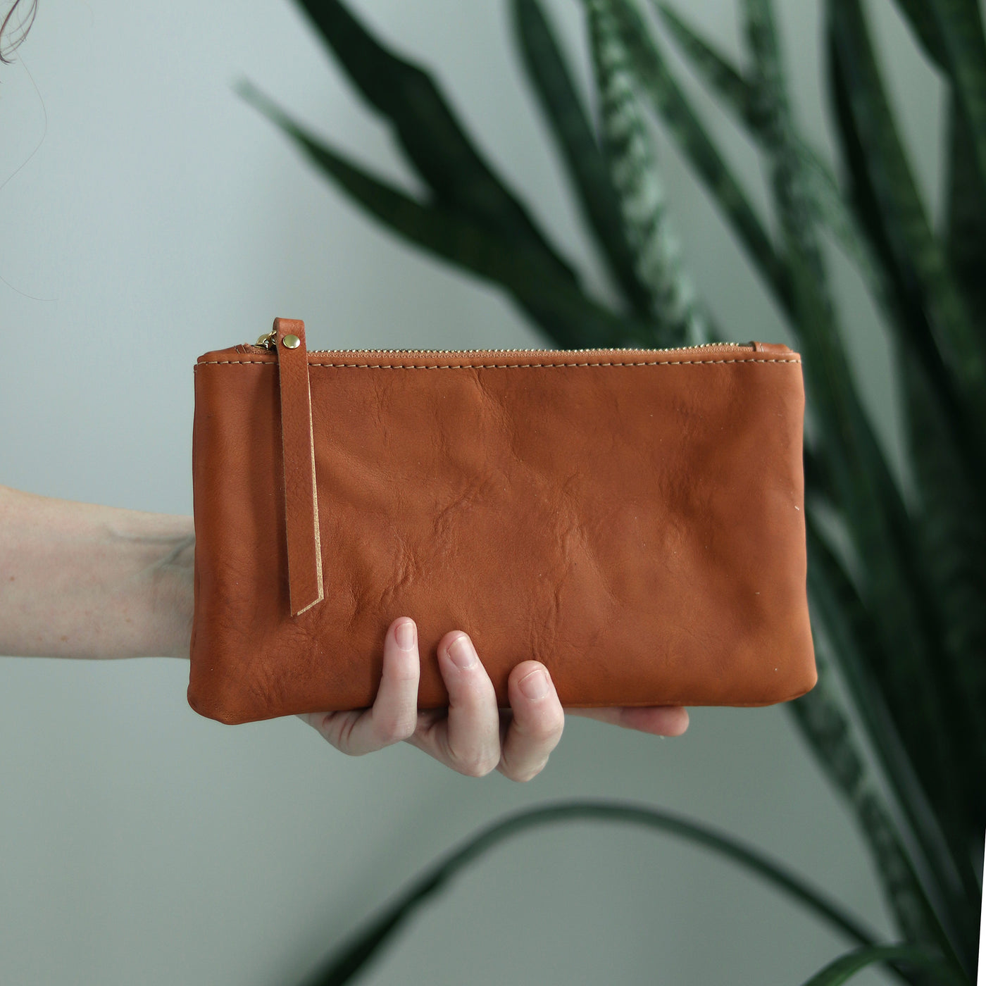 Leather Zip Clutch - Saddle Brown