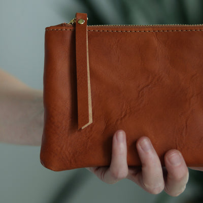 Leather Zip Clutch - Saddle Brown