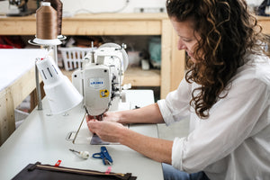 Juliette Rose Designs sewing leather goods with a Juki industrial sewing machine