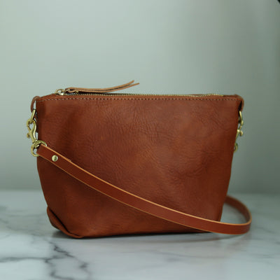 SALE Small Leather Convertible Crossbody Clutch Bag - Saddle Brown
