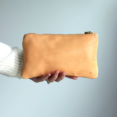 Personalized Leather Zip Clutch - Beige Pebble