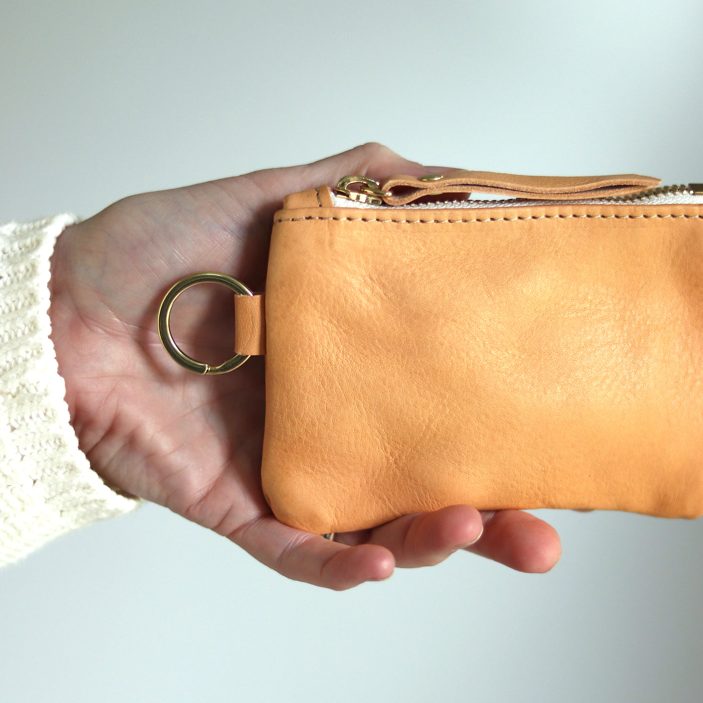 Leather Keyring Coin Purse with Monogram - Beige Pebble