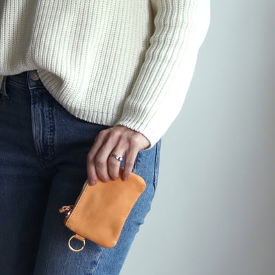 Leather Keyring Coin Purse with Monogram - Beige Pebble