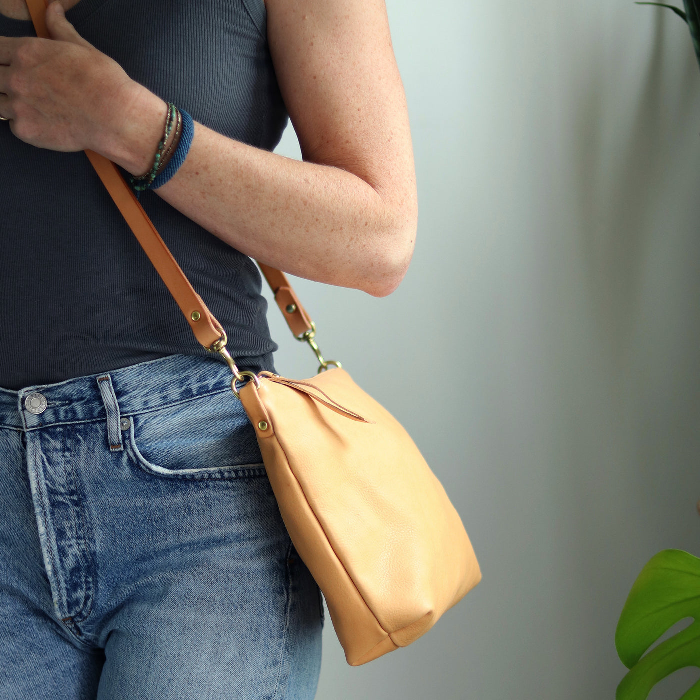 Crossbody Bag with Monogram - Beige Pebble