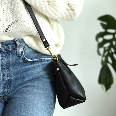 Sale - Small Leather Convertible Crossbody Clutch Bag - Black Pebble