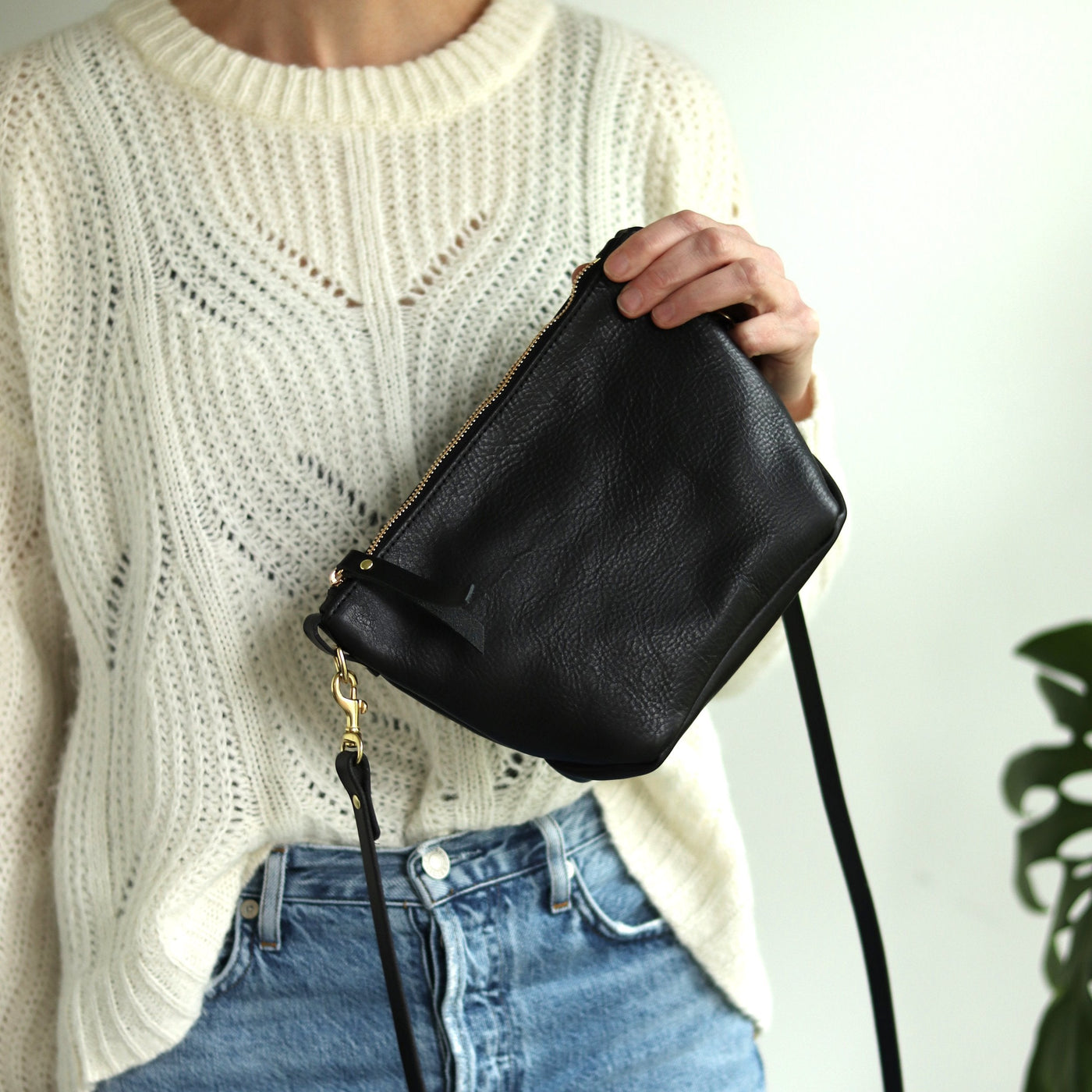 Sale - Small Leather Convertible Crossbody Clutch Bag - Black Pebble