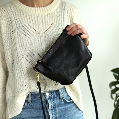 Sale - Small Leather Convertible Crossbody Clutch Bag - Black Pebble