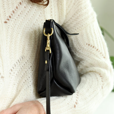 Sale - Small Leather Convertible Crossbody Clutch Bag - Black Pebble