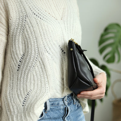 Sale - Small Leather Convertible Crossbody Clutch Bag - Black Pebble